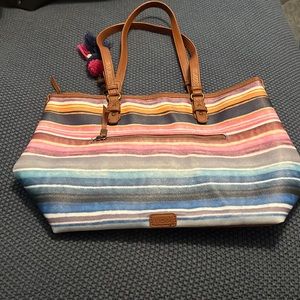 The Sak handbag Watercolor Striped East West Shoulder Bag pink blue white tote